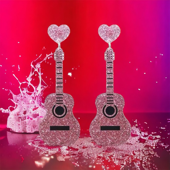 Accessories - Sparkle‎ with style: Pink guitar glitter acrylic earrings
